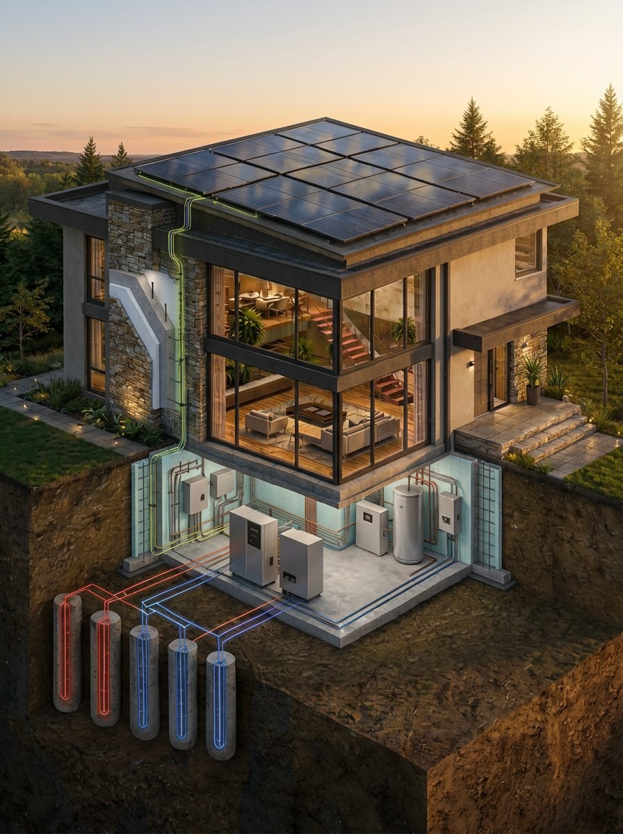 Illustration of an integrated net-zero home: solar, geothermal boreholes and mechanical systems